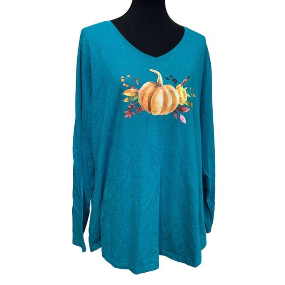 Hand Printed Upcycled 4X Pumpkin Autumn Flower Bouquet Long Sleeve V-Neck Tee - Picture 1 of 3